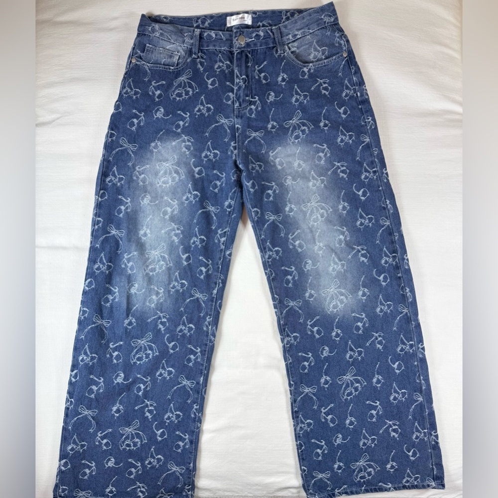 Bamboo Jeans Cherry Bow Print Wide Leg Denim Pants Blue Medium‎ Wash Size 15